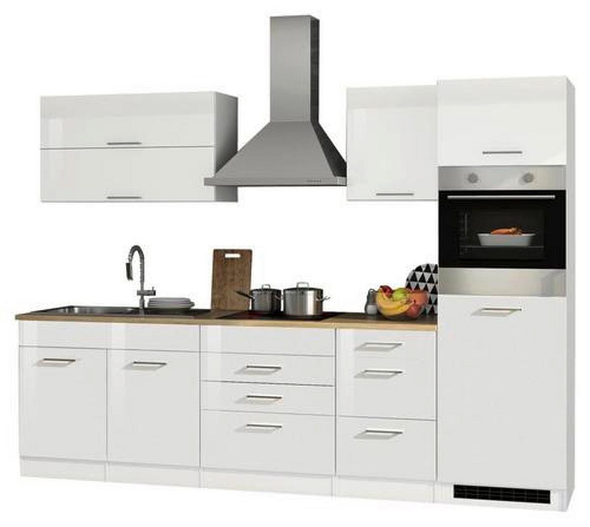 Küchenzeile Mailand mit Geräten 290 cm Weiß Dekor Hochglanz - Weiß Hochglanz/Eichefarben, MODERN, Holzwerkstoff (290cm) - Held