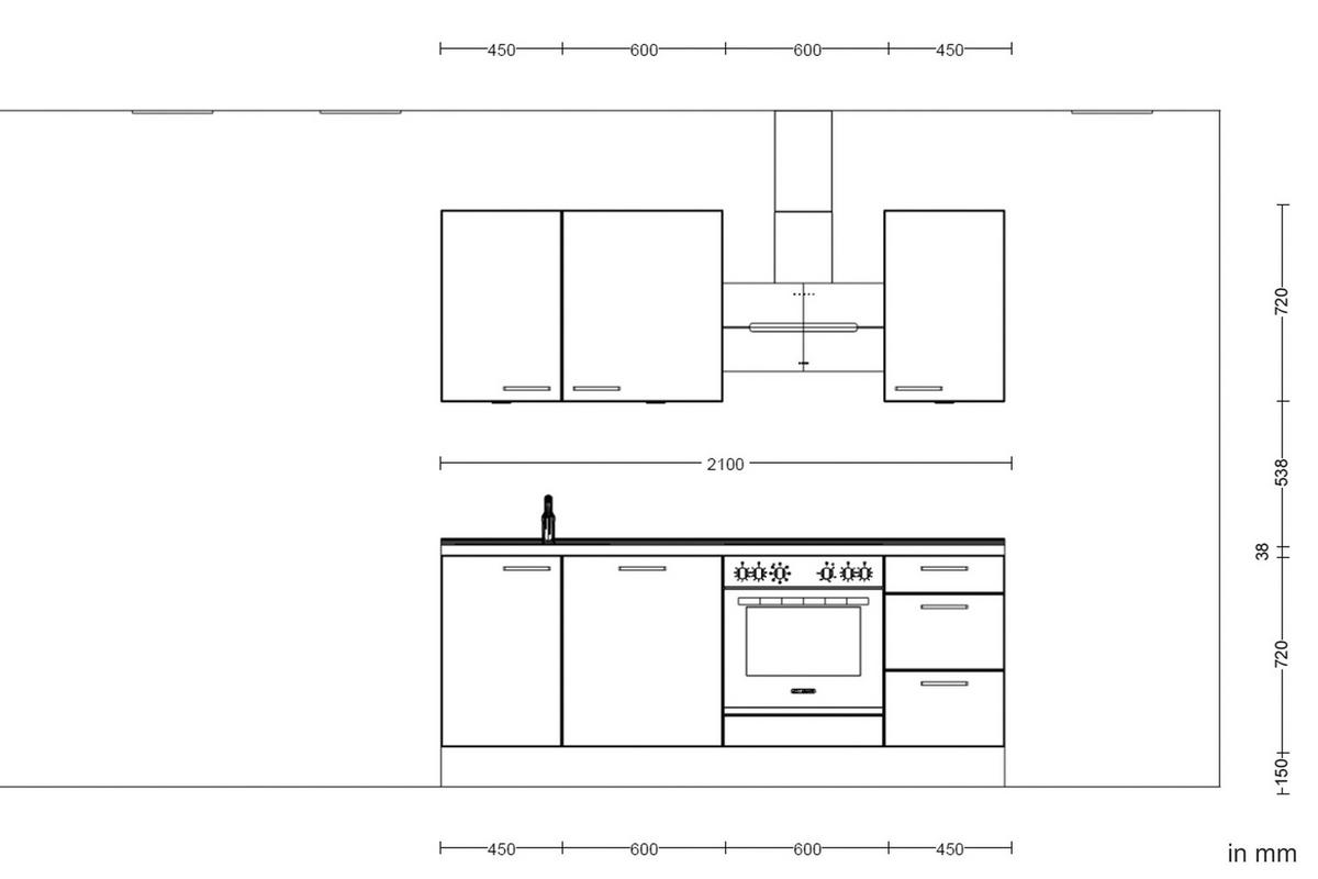 Kuchynská linka 210 cm, minerálna zelená,ultra matná - barvy dubu/černá, Moderní, kov/kompozitní dřevo (210cm) - Nobilia