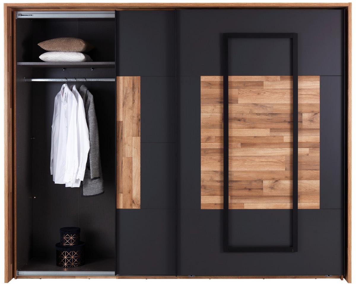 Schwebetürenschrank + LED 270cm , Graphit/Eiche Dekor - Eichefarben/Graphitfarben, KONVENTIONELL, Holzwerkstoff (270/225,5/60cm) - James Wood