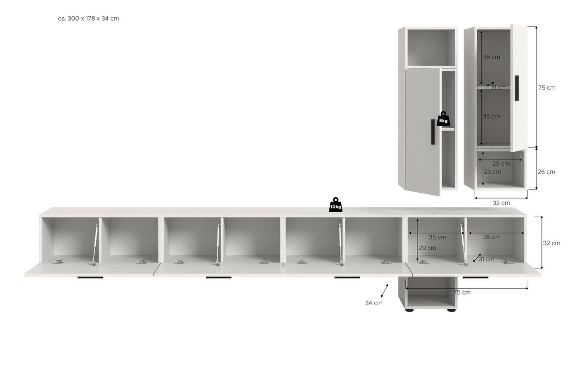 Wohnwand, The ONE 7, B: 300 cm Weiss - Schwarz/Weiß, Trend, Holzwerkstoff (300/178/34cm)