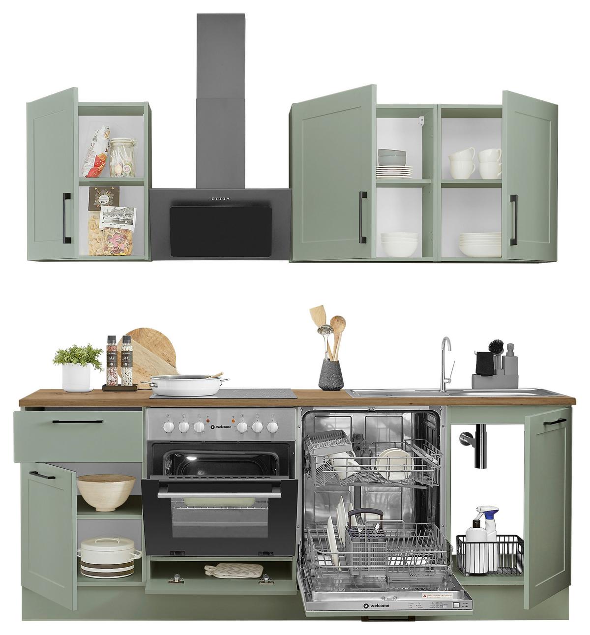 Kuchyňský blok bez spotřebičů MARSEILLE, šířka 220 cm - černá/zelená, Design, kov/kompozitní dřevo (220cm) - MID.YOU