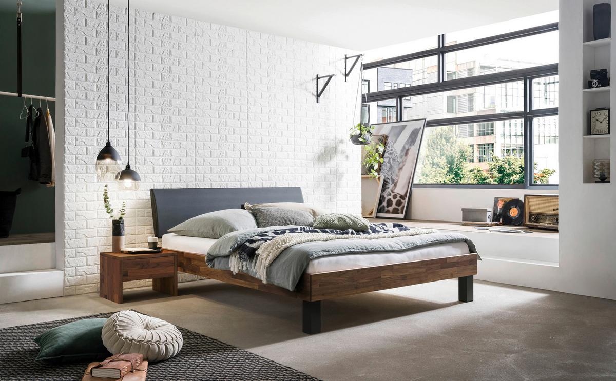 Bett Sondrio Mit Gepolstertem Kopfteil 140x200 - Anthrazit/Nussbaumfarben, Natur, Holz/Textil (140/200cm) - Hasena