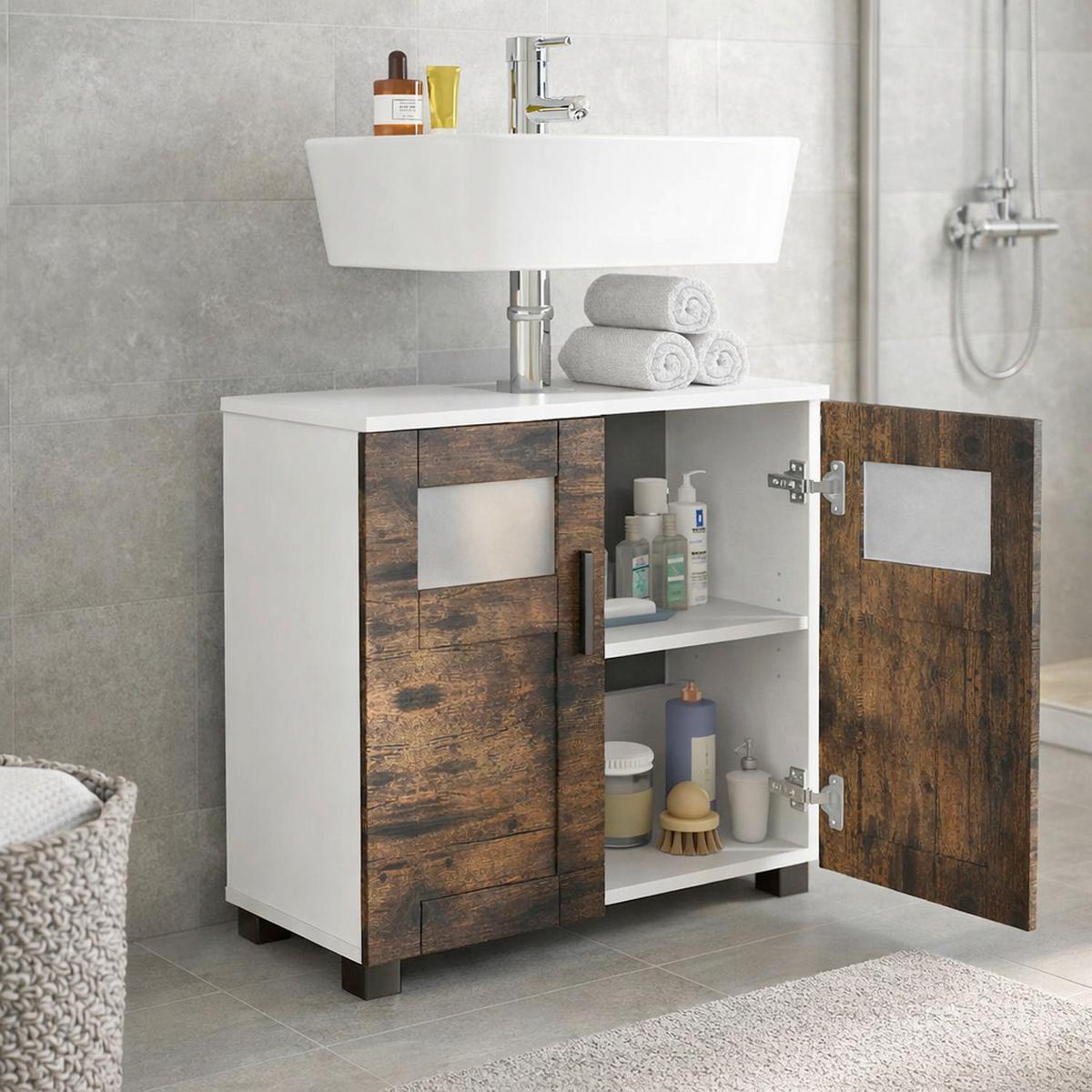 Waschbeckenunterschrank Nilari Weiß/Eichefarben B: 60cm - Eichefarben/Weiß, Trend, Glas/Holzwerkstoff (60/60/29cm) - MID.YOU