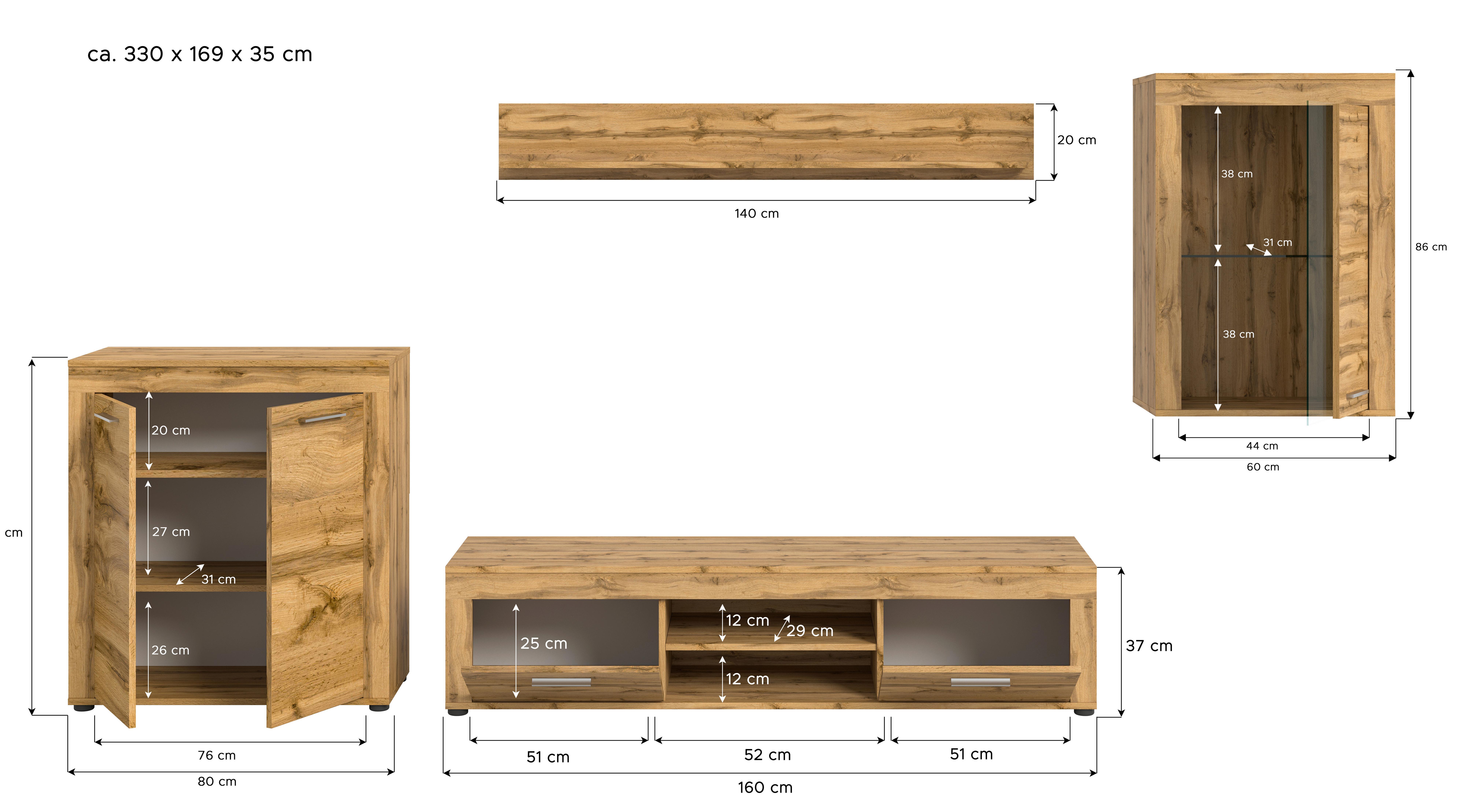 Wohnwand Jam Eiche Wotan Dekor B: 330cm - Eiche Wotan/Schwarz, Design, Glas/Holzwerkstoff (330/169/35cm) - MID.YOU
