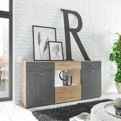 Komoda TREND - šedá/barvy dubu, Design, kompozitní dřevo/plast (174/84/38cm) - MID.YOU