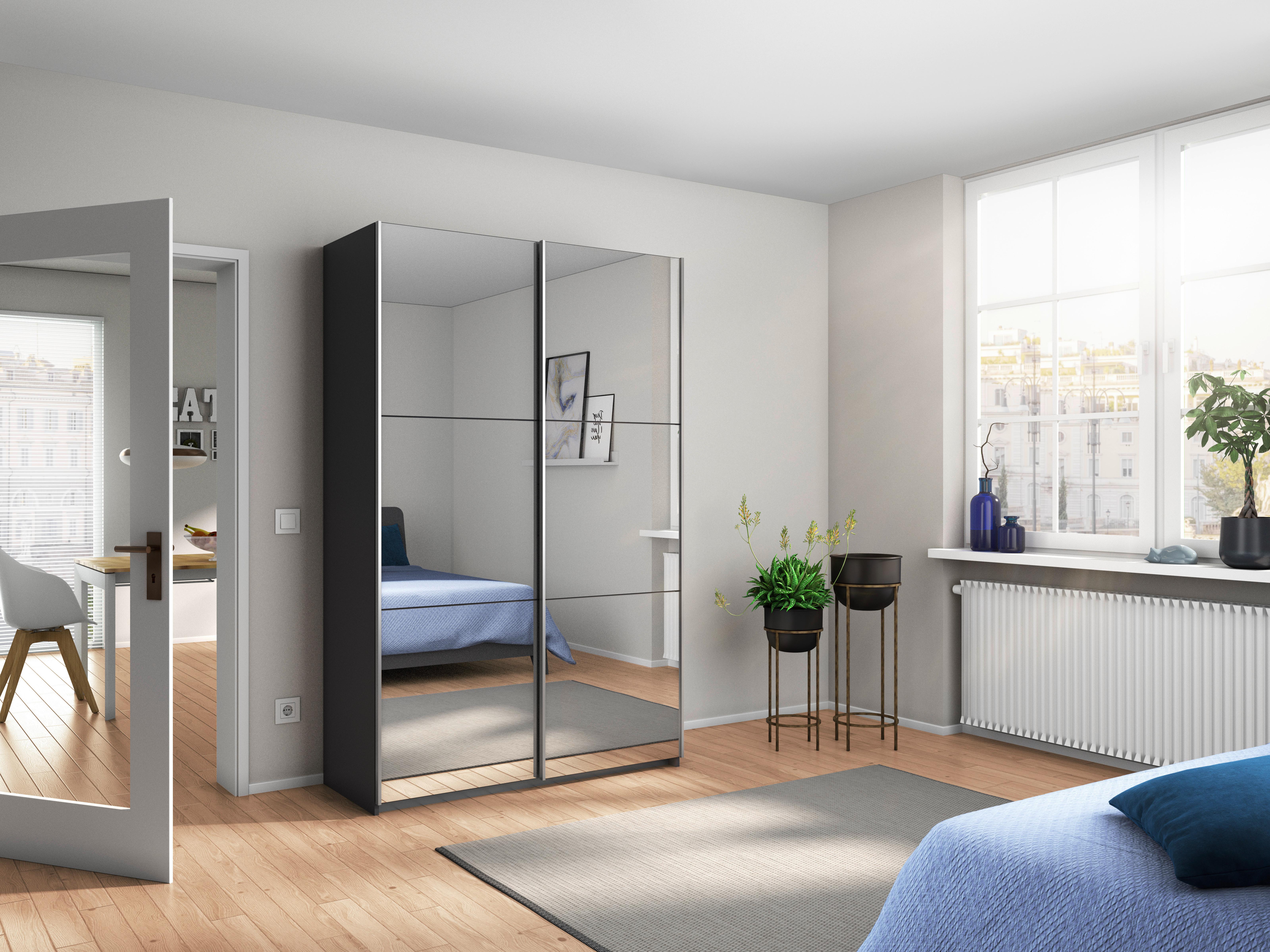 Schwebetürenschrank Mit Spiegel 131cm Reflect, Grau - Silberfarben/Graphitfarben, MODERN, Glas/Holzwerkstoff (131/210/59cm)