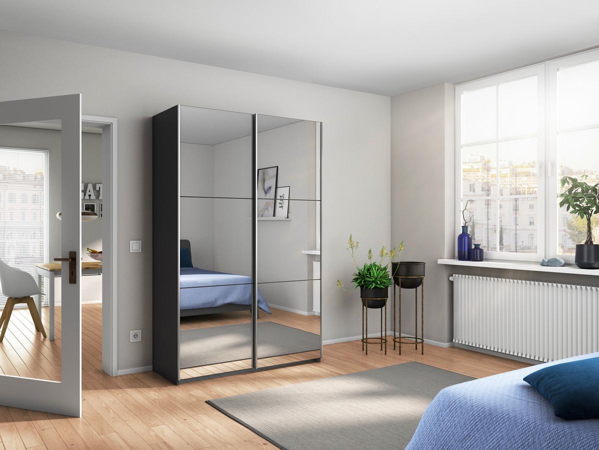 Schwebetürenschrank mit Spiegel 131cm Reflect, Grau - Silberfarben/Graphitfarben, MODERN, Glas/Holzwerkstoff (131/210/59cm)