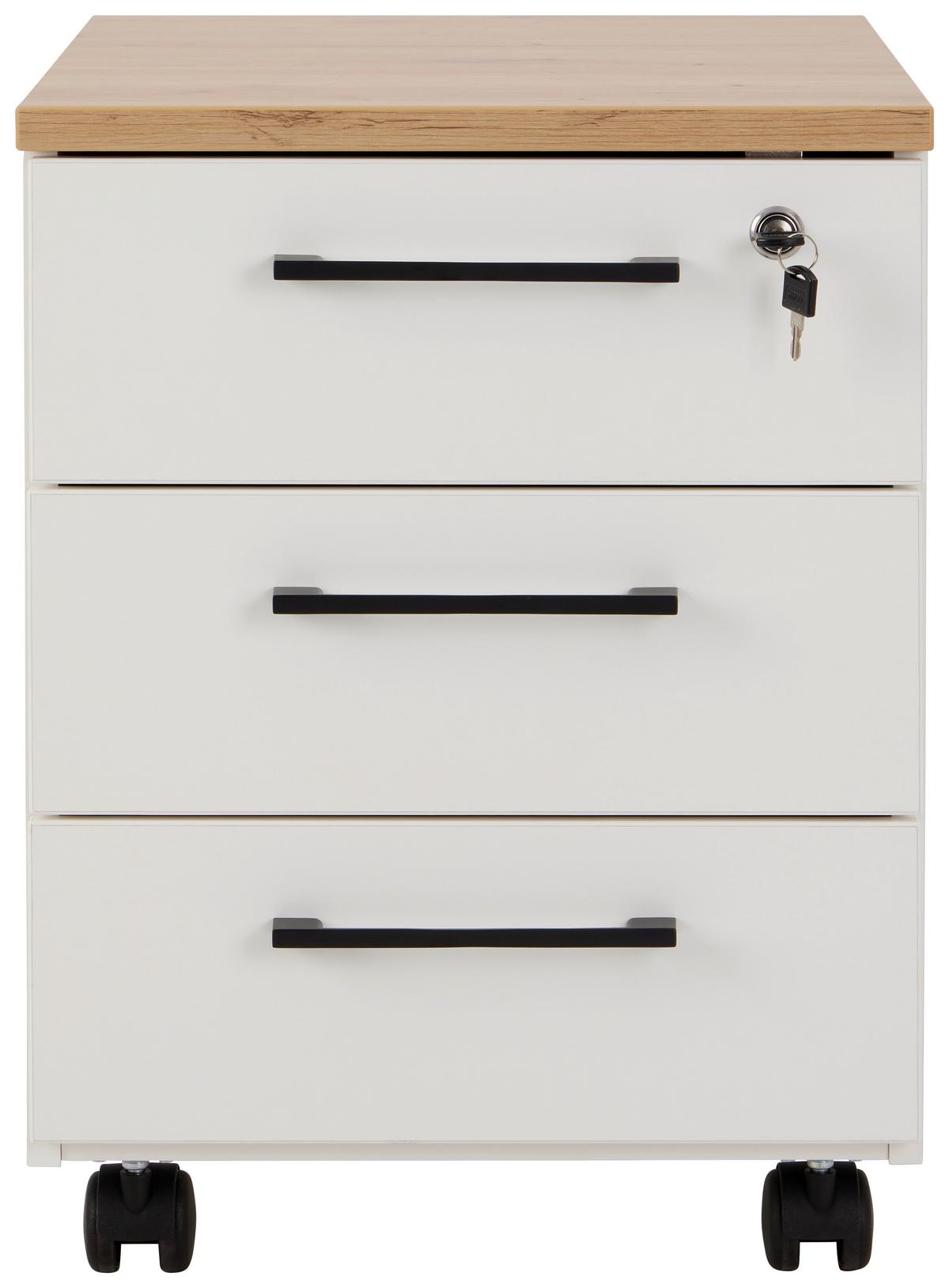 Rollcontainer  Weiss Eiche Dekor, Abschließbar - Eichefarben/Weiß, MODERN, Holzwerkstoff (43/58.4/55.3cm)