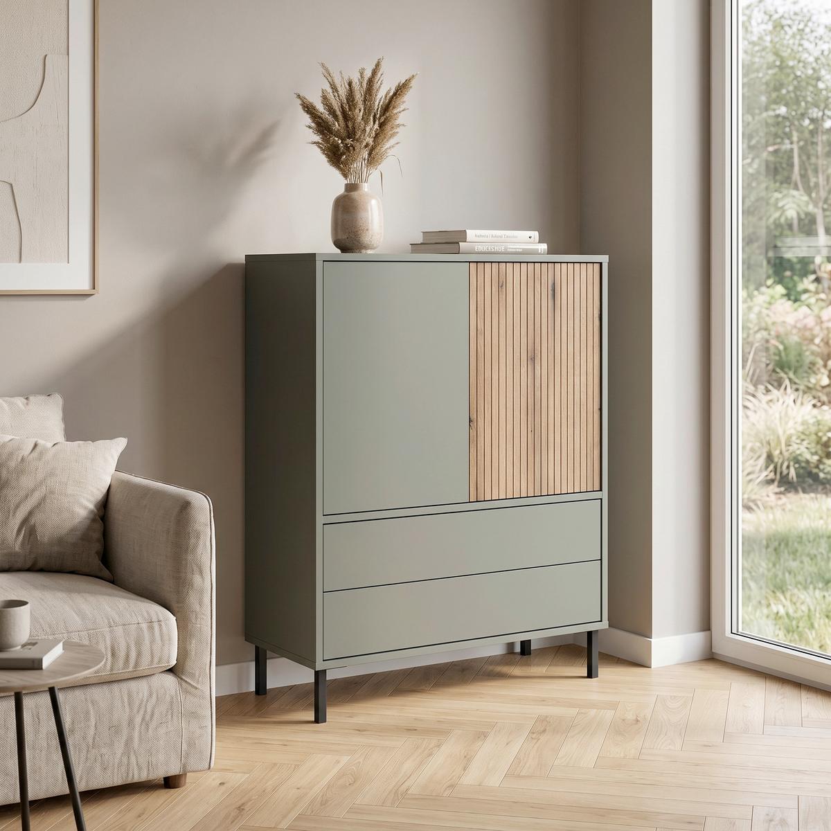 Kommode Pozzi Graugrün/Eichefarben B: 78,2cm - Eichefarben/Schwarz, Trend, Holzwerkstoff (78,2/105,2/40cm)