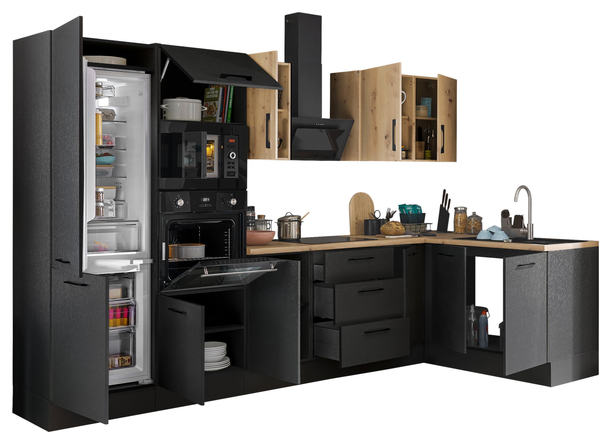 Eckküche Turin Schwarz/eiche Dekor 330x165 Cm - Schwarz/Eiche Artisan, Basics, Holzwerkstoff (330/165cm) - MID.YOU