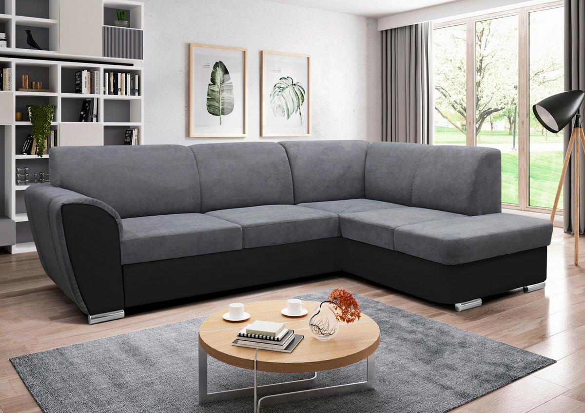 Ecksofa Mit Bettkasten Doris Rücken Echt Grau/schwarz - Silberfarben/Schwarz, Design, Textil (255/196cm) - MID.YOU
