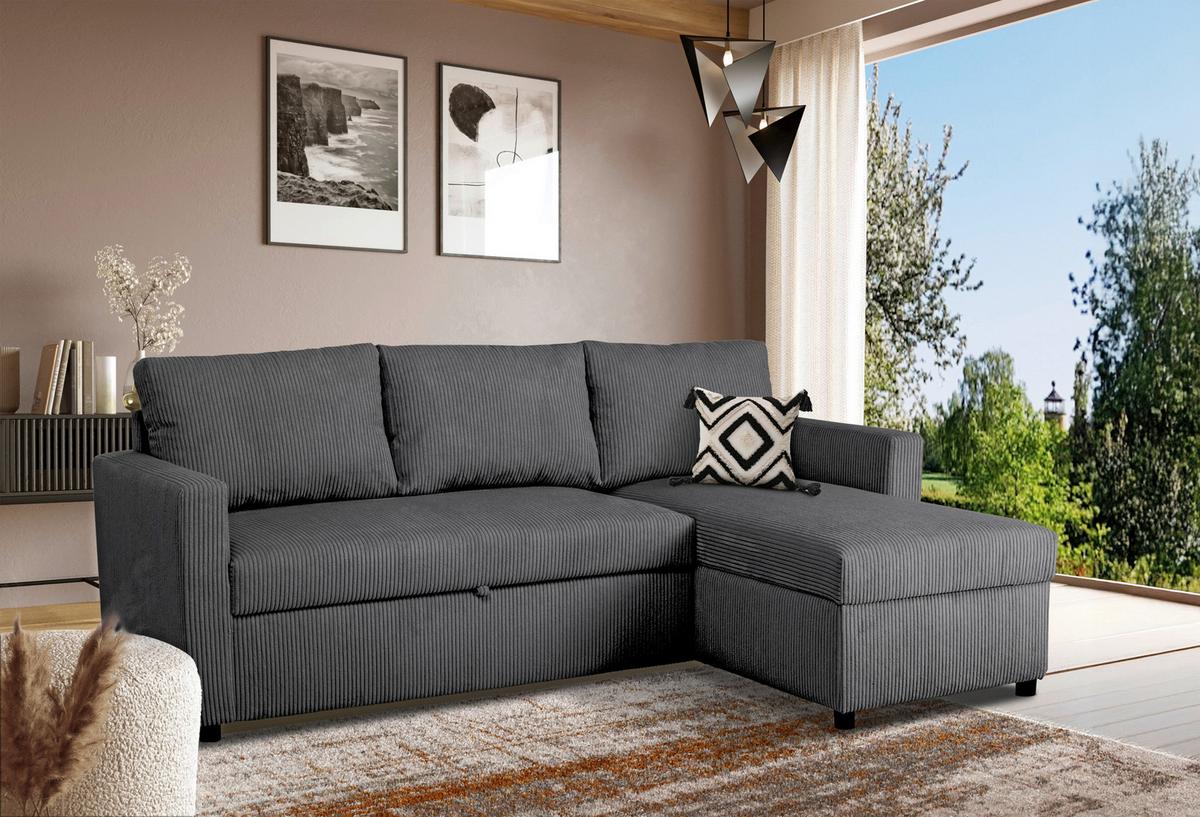 Ecksofa Mit Schlaffunktion Paris Anthrazit Cord 215x145cm - Anthrazit/Schwarz, Basics, Holz/Holzwerkstoff (215/145cm)
