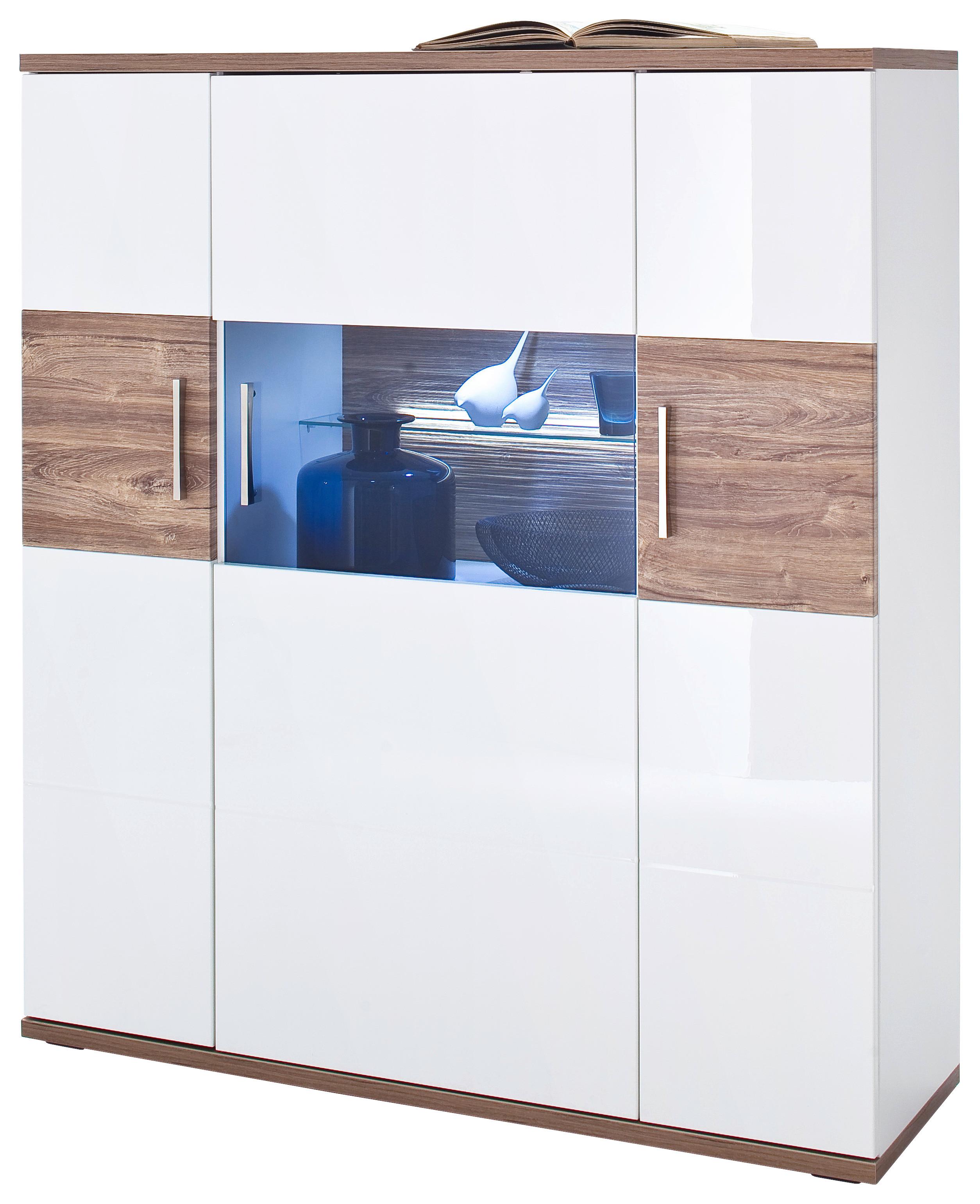 Highboard B: 120 cm Luzern Weiß/Eichefarben - Eichefarben/Weiß, Design, Glas/Holzwerkstoff (120/135/37cm) - Livetastic