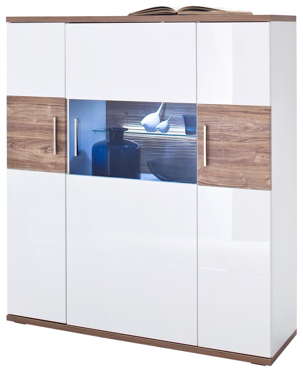 Highboard B: 120 Cm Luzern Weiß/eichefarben - Eichefarben/Weiß, Design, Glas/Holzwerkstoff (120/135/37cm) - Livetastic
