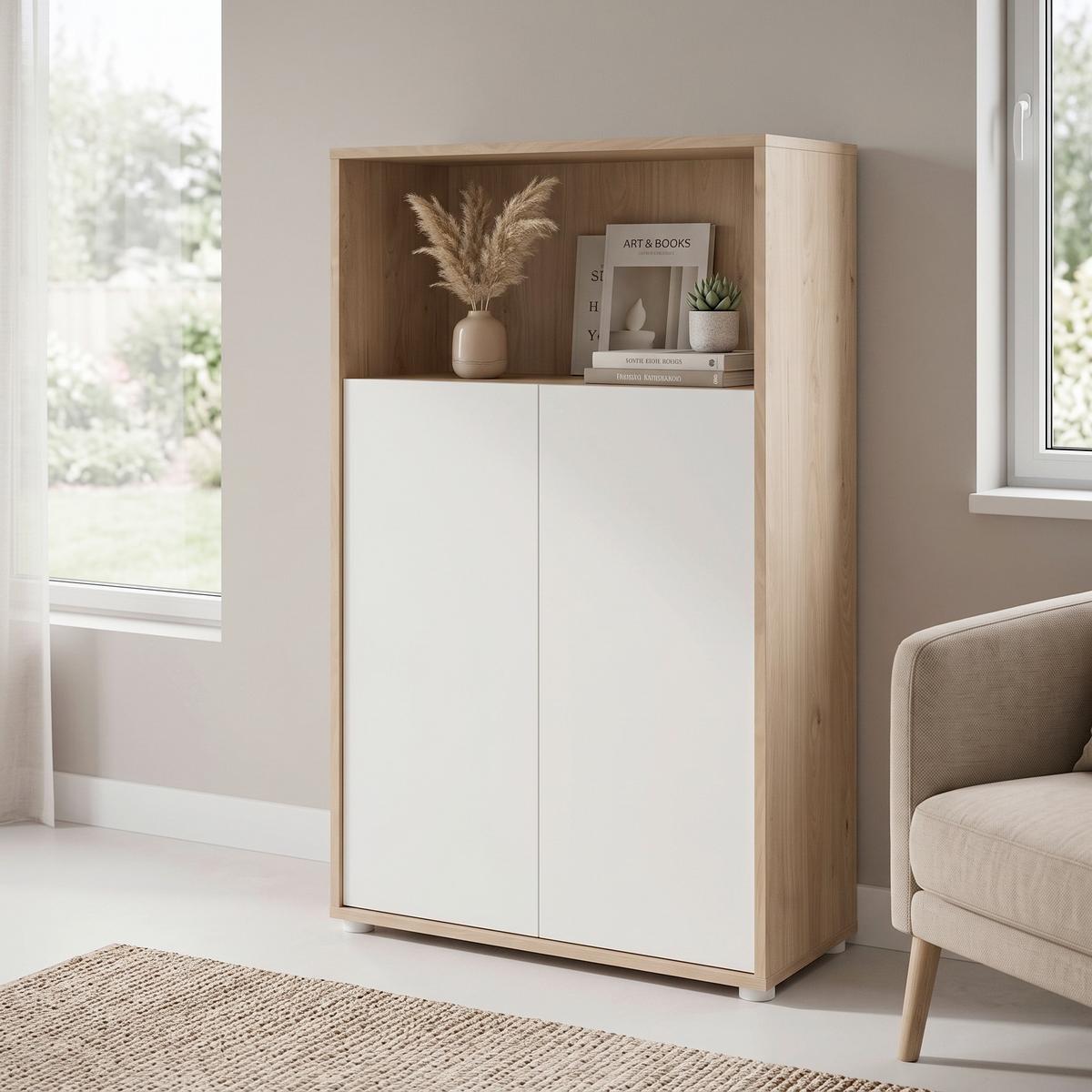 Highboard Sign Weiß/Eichefarben, L: 79,6 cm - Eichefarben/Weiß, MODERN, Holzwerkstoff (79,6/34,3/123,6cm) - P & B