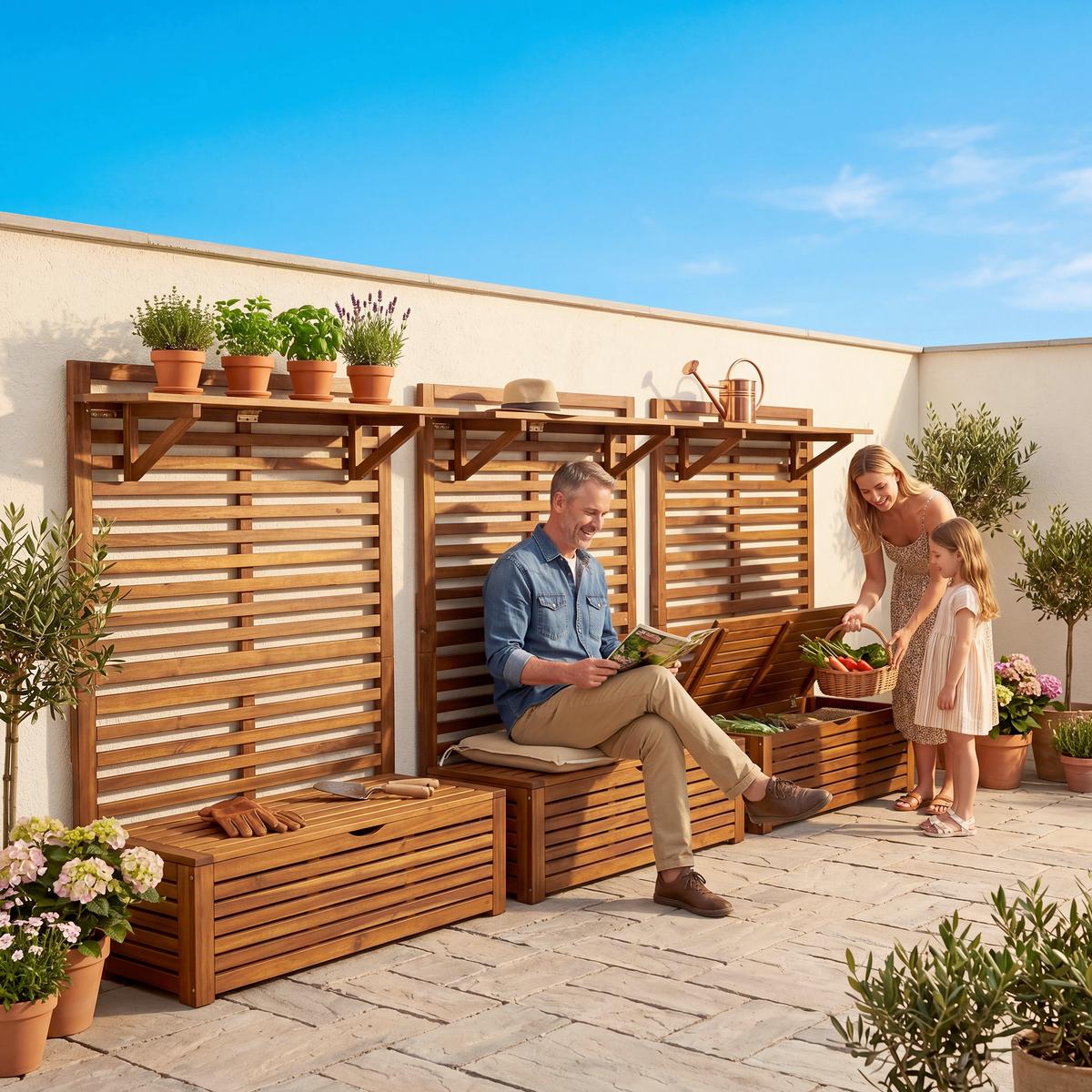 Blumenregal mit Sitzbank & Aufbewahrung - Akaziefarben, Basics, Holz (39/91,5/151,5cm)