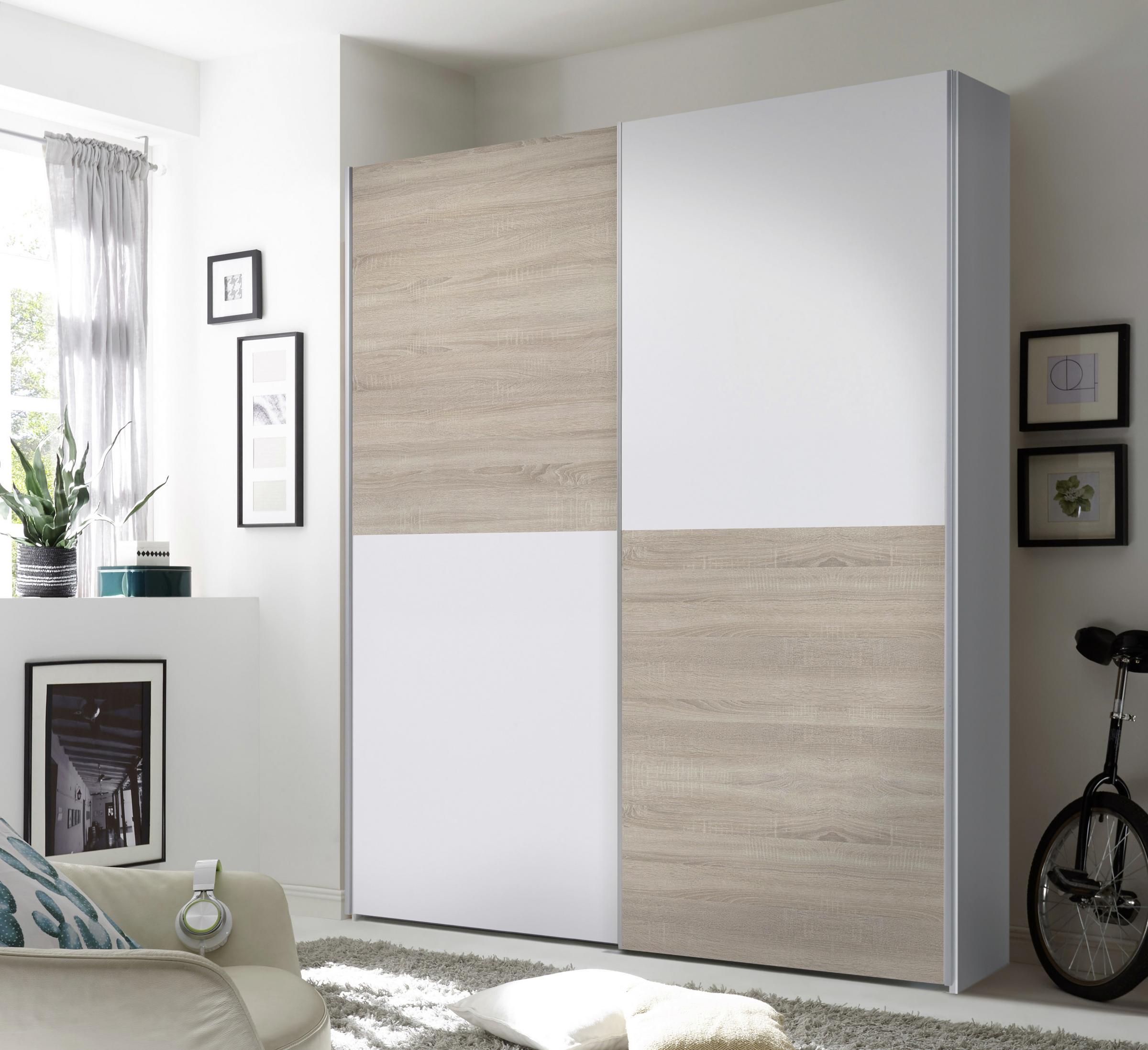 Schwebetürenschrank in Weiß und Eichefarben