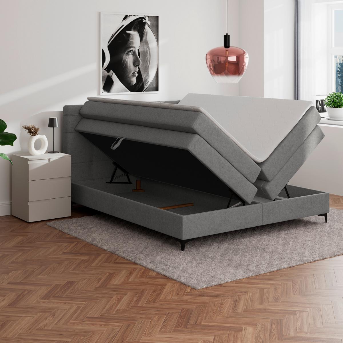 Boxspringbett MITTO Grau 160x200 cm - Schwarz/Grau, KONVENTIONELL, Textil/Metall (160/200cm)