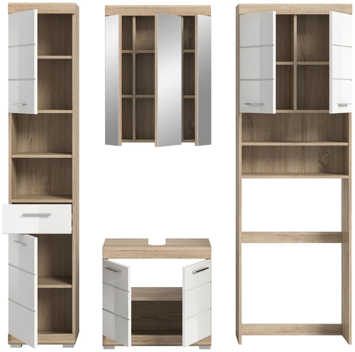 Badezimmer Lambada Eiche Dekor/weiß B: 160,2 Cm - Weiß Hochglanz/Silberfarben, MODERN, Glas/Holzwerkstoff (160,2cm) - MID.YOU