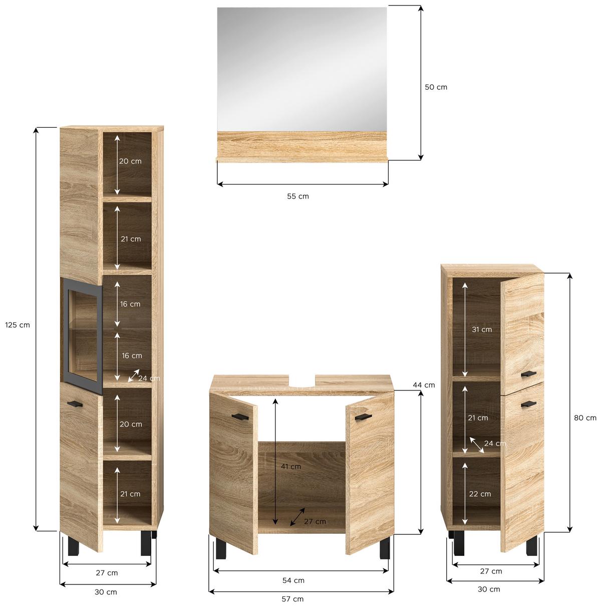 Badezimmer Boston Sonoma Eiche Dekor - Schwarz/Sonoma Eiche, MODERN, Glas/Holzwerkstoff (117cm) - MID.YOU