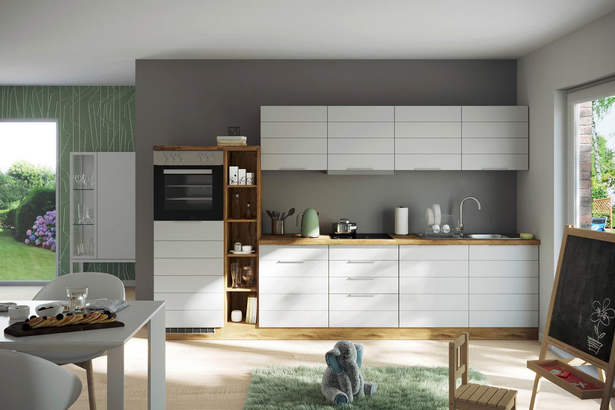 Küchenzeile Florenz mit Geräten 330 cm Weiß/Eichefarben - Eiche Wotan/Weiß, Design, Holzwerkstoff (330cm) - Held
