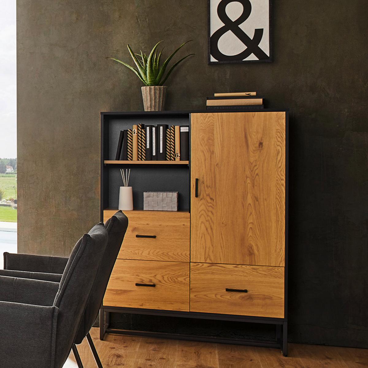 Komoda GIORGIA - čierna/farba duba, Modern, kov/kompozitné drevo (100/140/40cm) - Bessagi Home