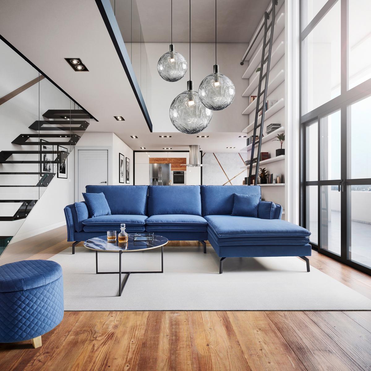 Sedací souprava LANI tmavě modrá - černá/tmavě modrá, Moderní, kov/dřevo (296/86/170cm) - Bessagi Home
