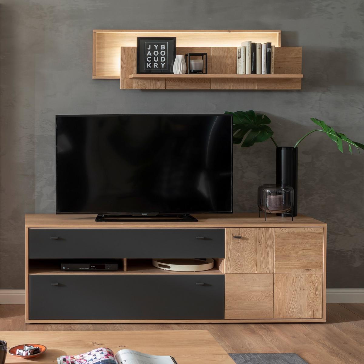 Wohnkombination Teilmassiv 3tlg. Valencia Anthrazit - Eiche Bianco/Anthrazit, Design, Glas/Holz (258/207/50cm) - MID.YOU