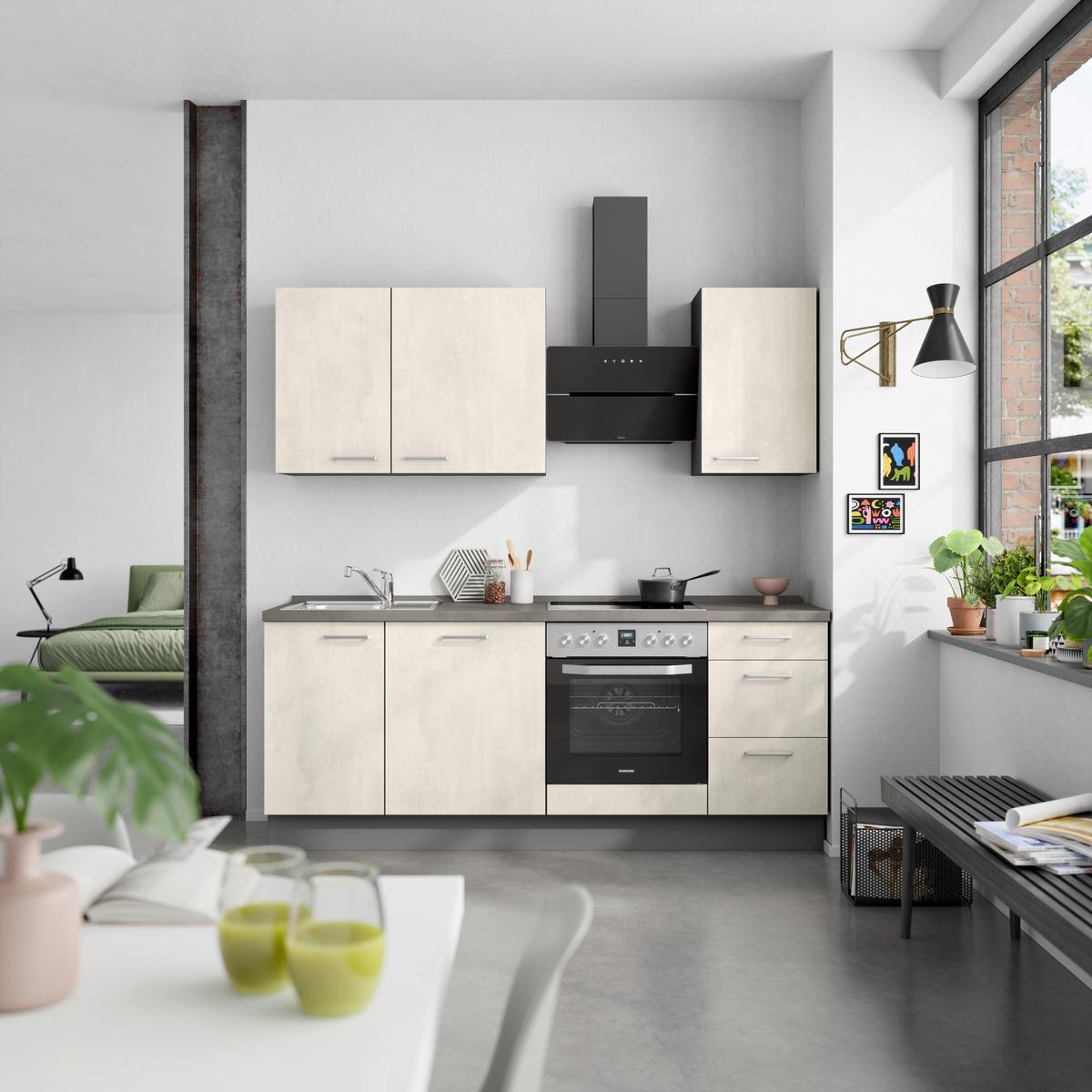 Kuchynská linka 210CM biely betón/ bridlicová šedá - biela/farba ušľachtilej ocele, Modern, kov/kompozitné drevo (210cm) - Nobilia