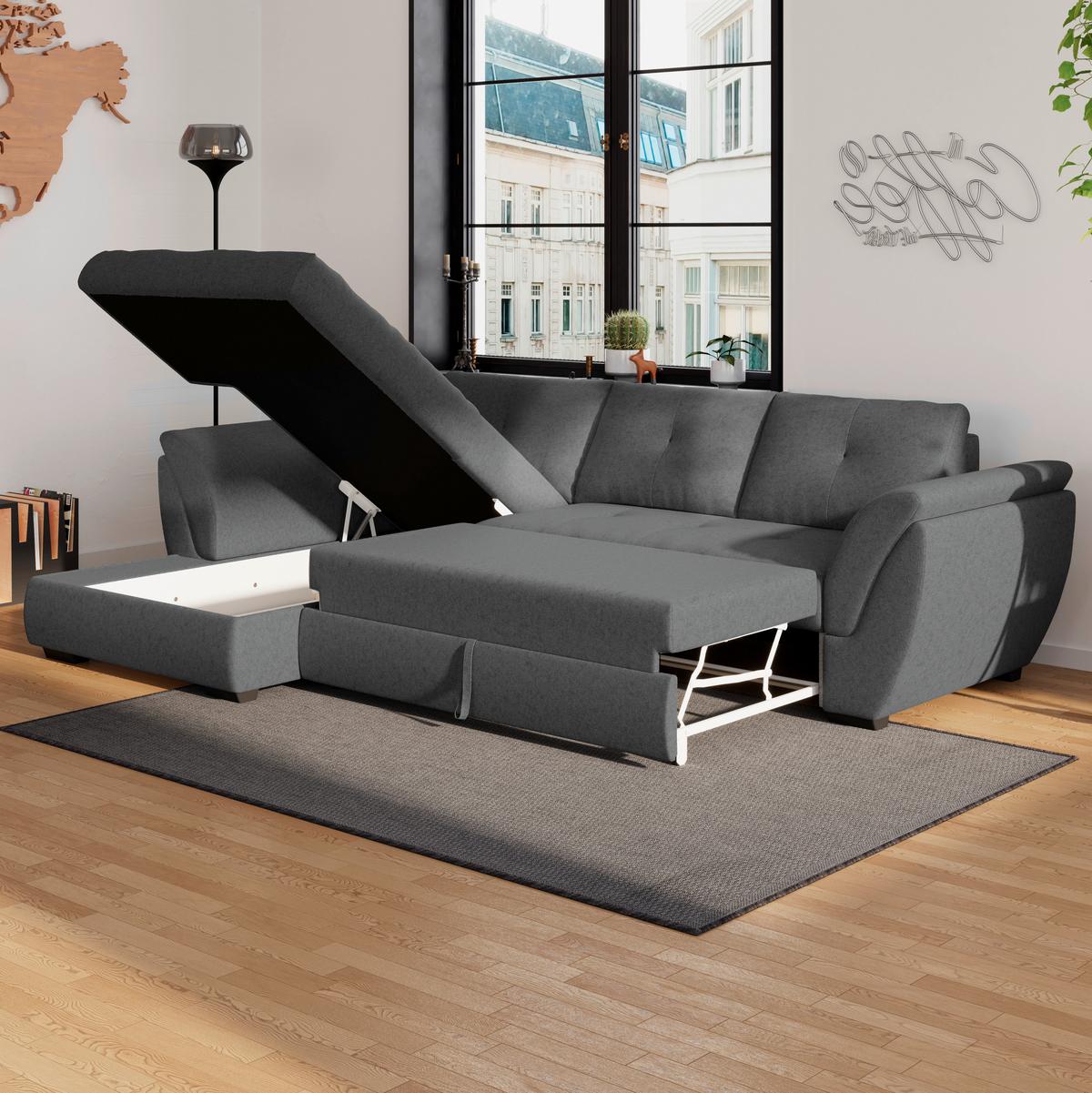 Ecksofa mit Schlaffunktion + Bettkasten Berisso Webstoff - Anthrazit/Schwarz, Design, Textil (187/278cm) - Ondega