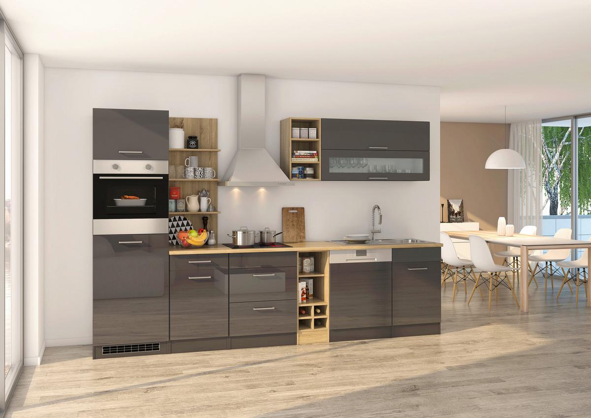 Küchenzeile Mailand mit Geräten 310 cm Anthrazit Elegant - Eichefarben/Anthrazit, MODERN, Holzwerkstoff (310cm) - Held
