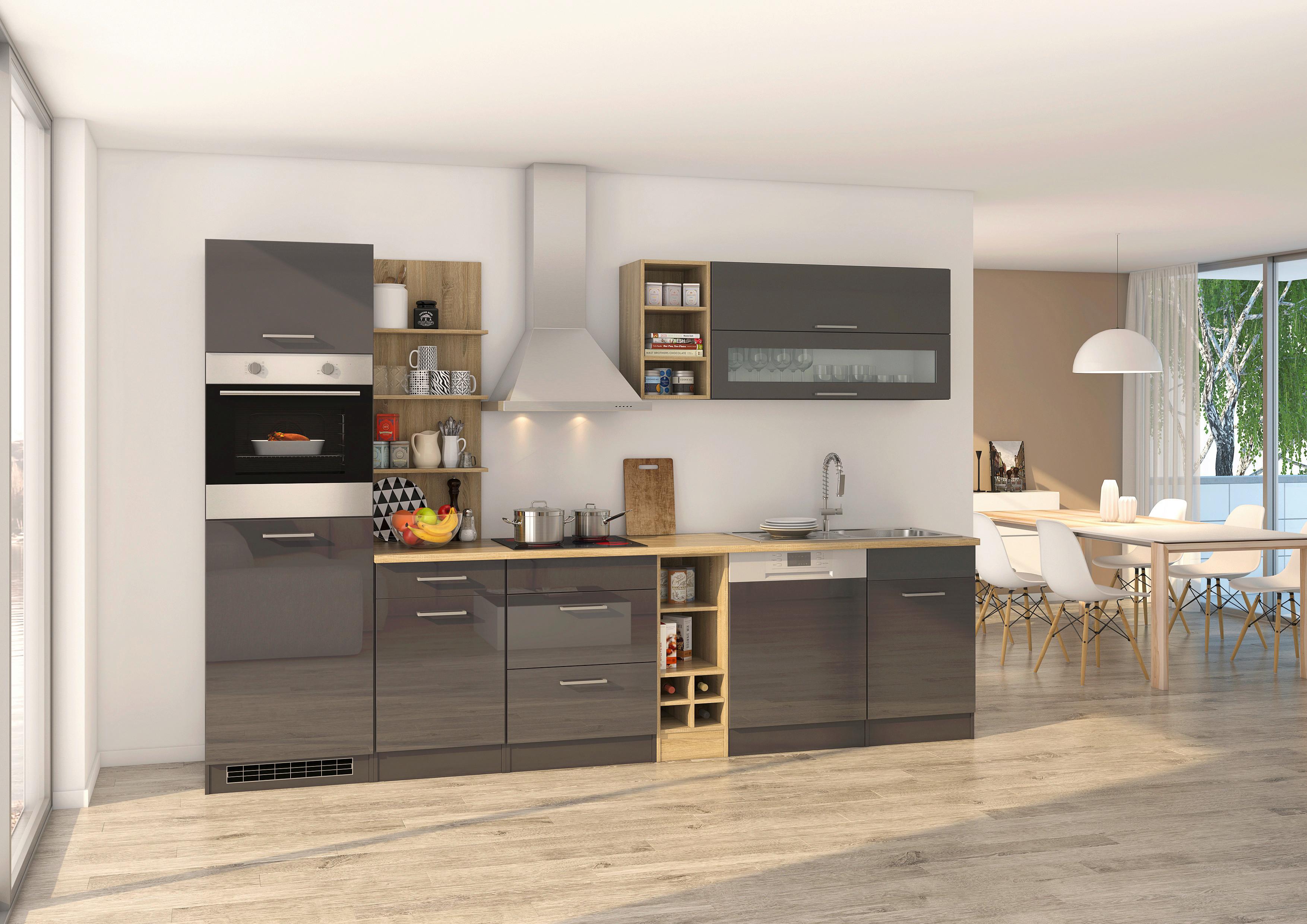 Küchenzeile Mailand mit Geräten 310 cm Anthrazit Elegant