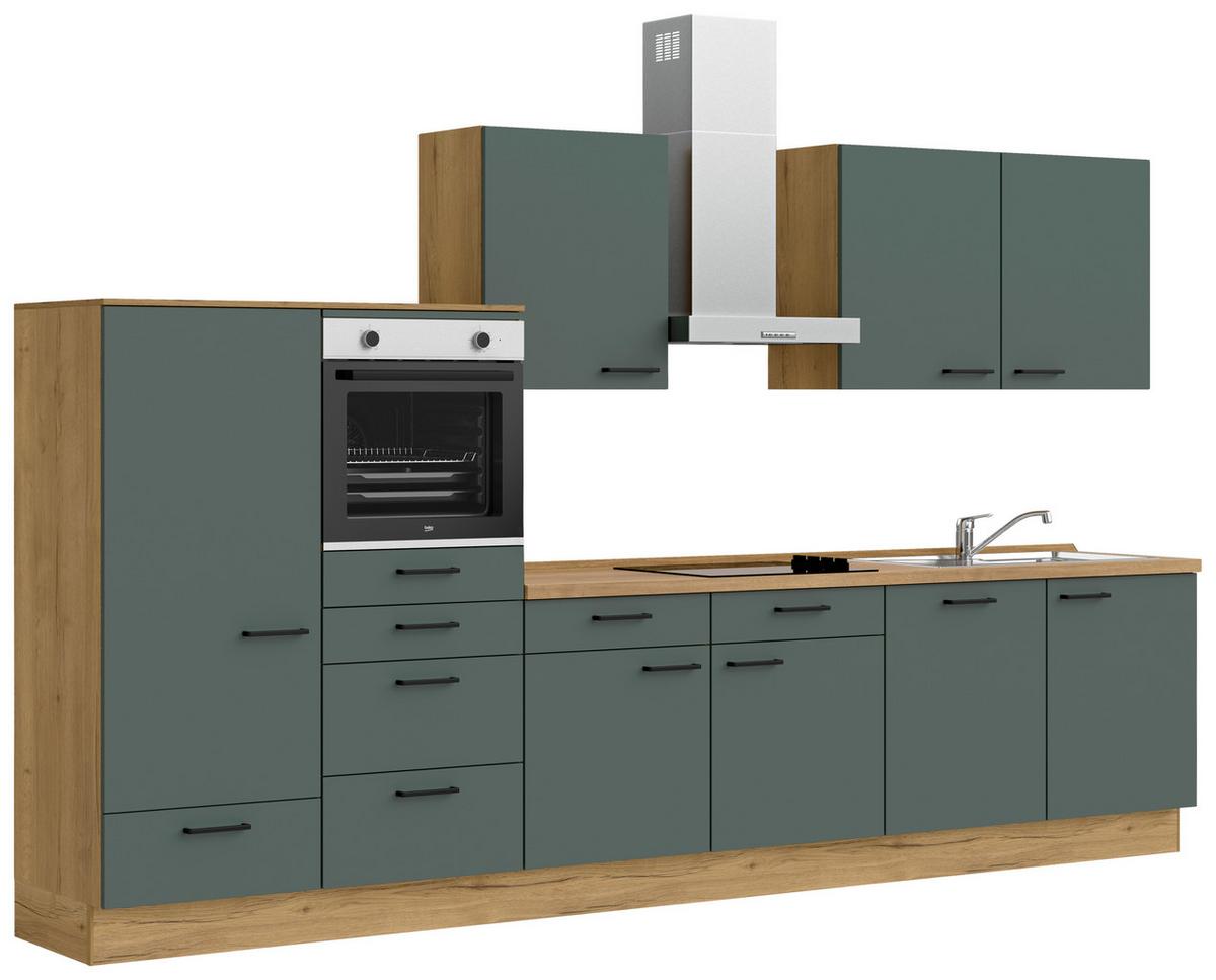 Kuchyňská linka 360 cm, minerální zelená,ultra matná - barvy dubu/černá, Moderní, kov/kompozitní dřevo (360cm) - Nobilia