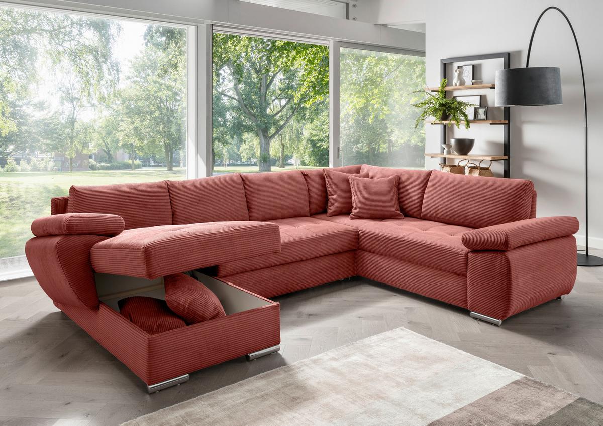 Wohnlandschaft Terana mit Schlaffunktion, Koralle - Chromfarben/Koralle, KONVENTIONELL, Textil (157/305/219cm) - Livetastic
