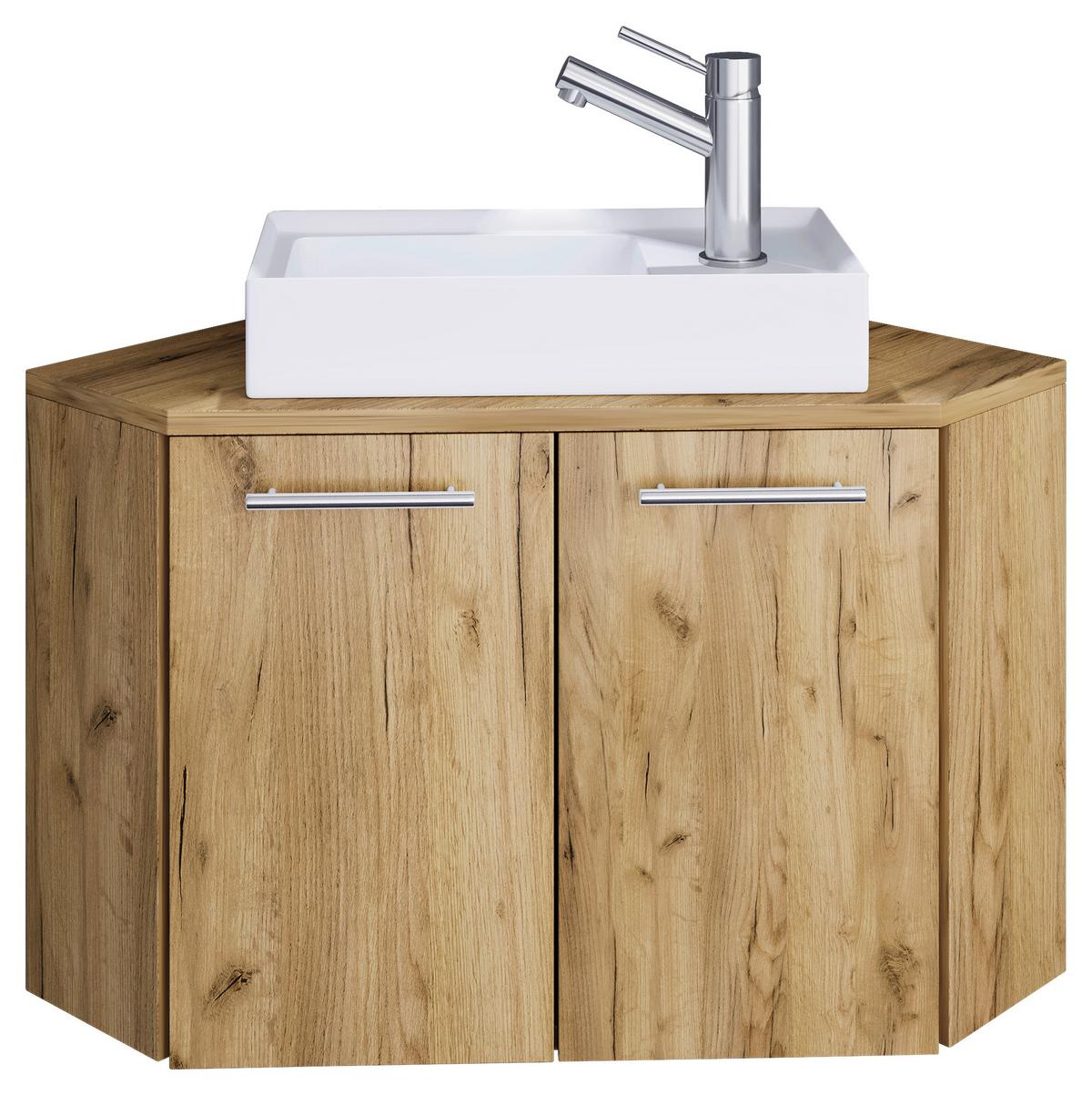 Waschbecken Mit Unterschrank Vilso B: 50 Cm Eiche Dekor - Honigeiche/Weiß, MODERN, Keramik/Holzwerkstoff (50cm) - MID.YOU