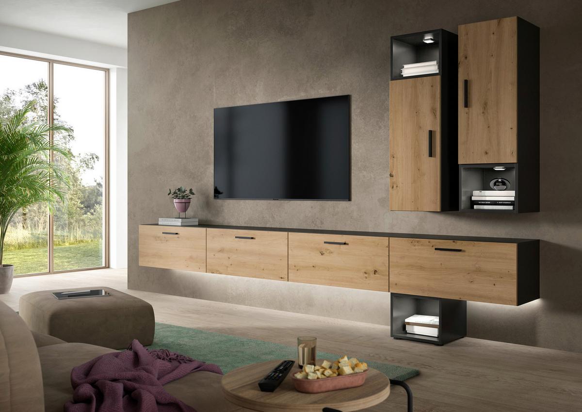 Wohnwand, The One 7, B: 300 cm Artisan Eiche Dekor/Grau - Schwarz/Eiche Artisan, Trend, Holzwerkstoff (300/178/34cm)