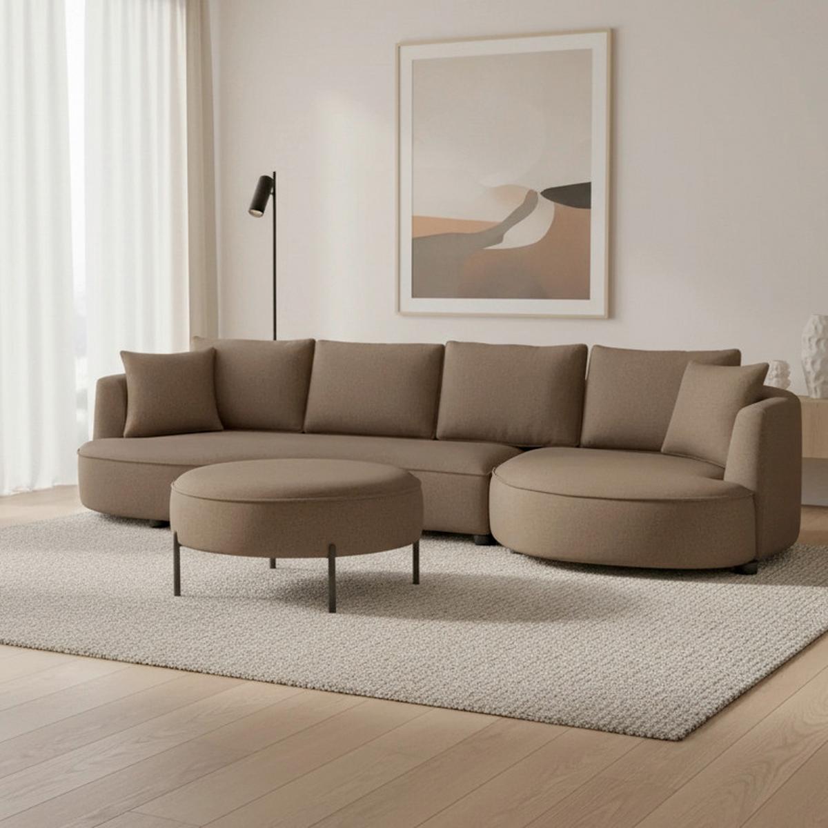 Sedacia súprava NILAS, hnedá ženilka, s taburetkou - hnedá/čierna, Modern, kov/drevo (322/154cm) - Bessagi Home