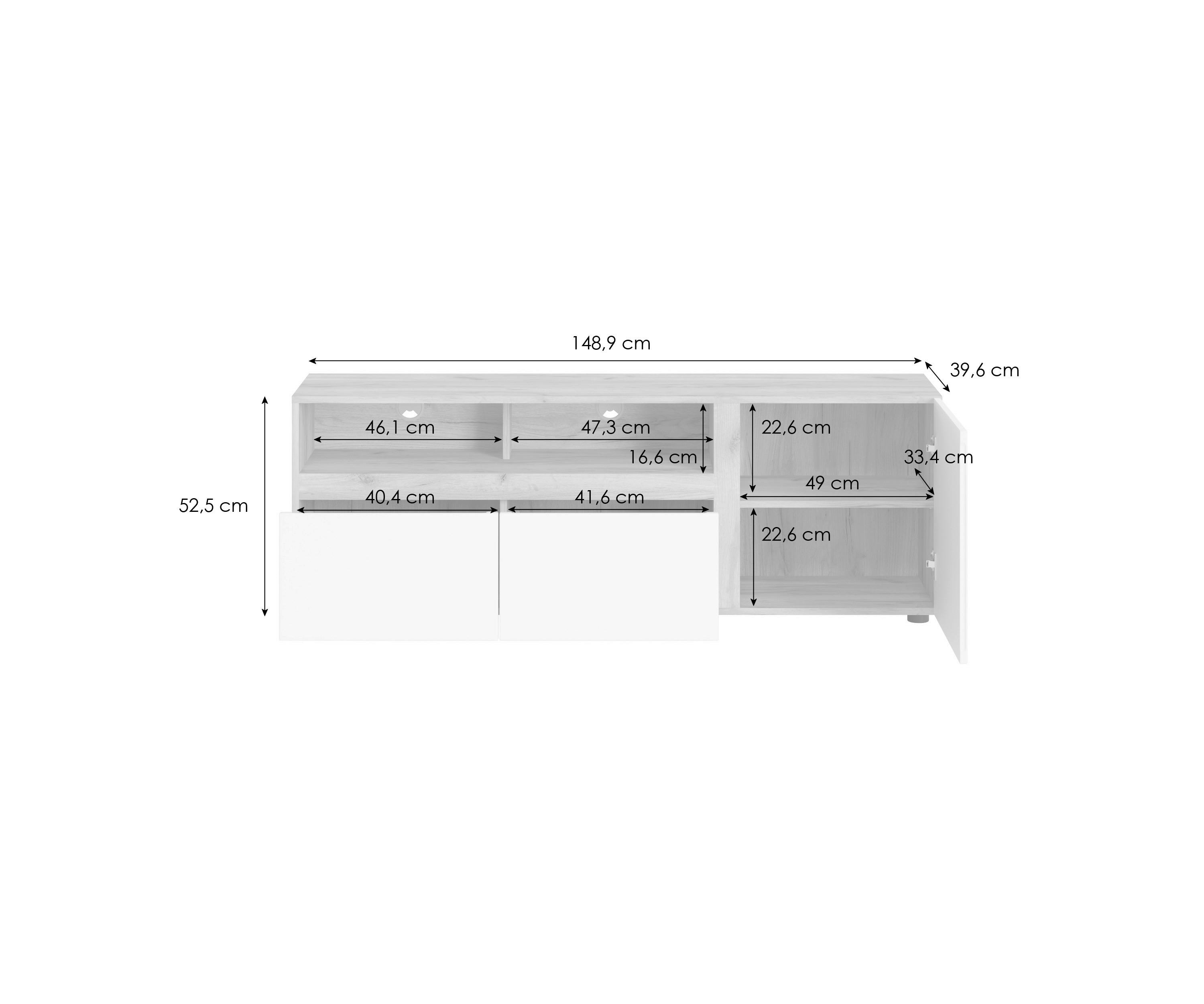 Tv-elem Morongo 148,9/39,6cm - tölgyfa/fehér, Modern, faalapú anyag (148,9/39,6/52,5cm)