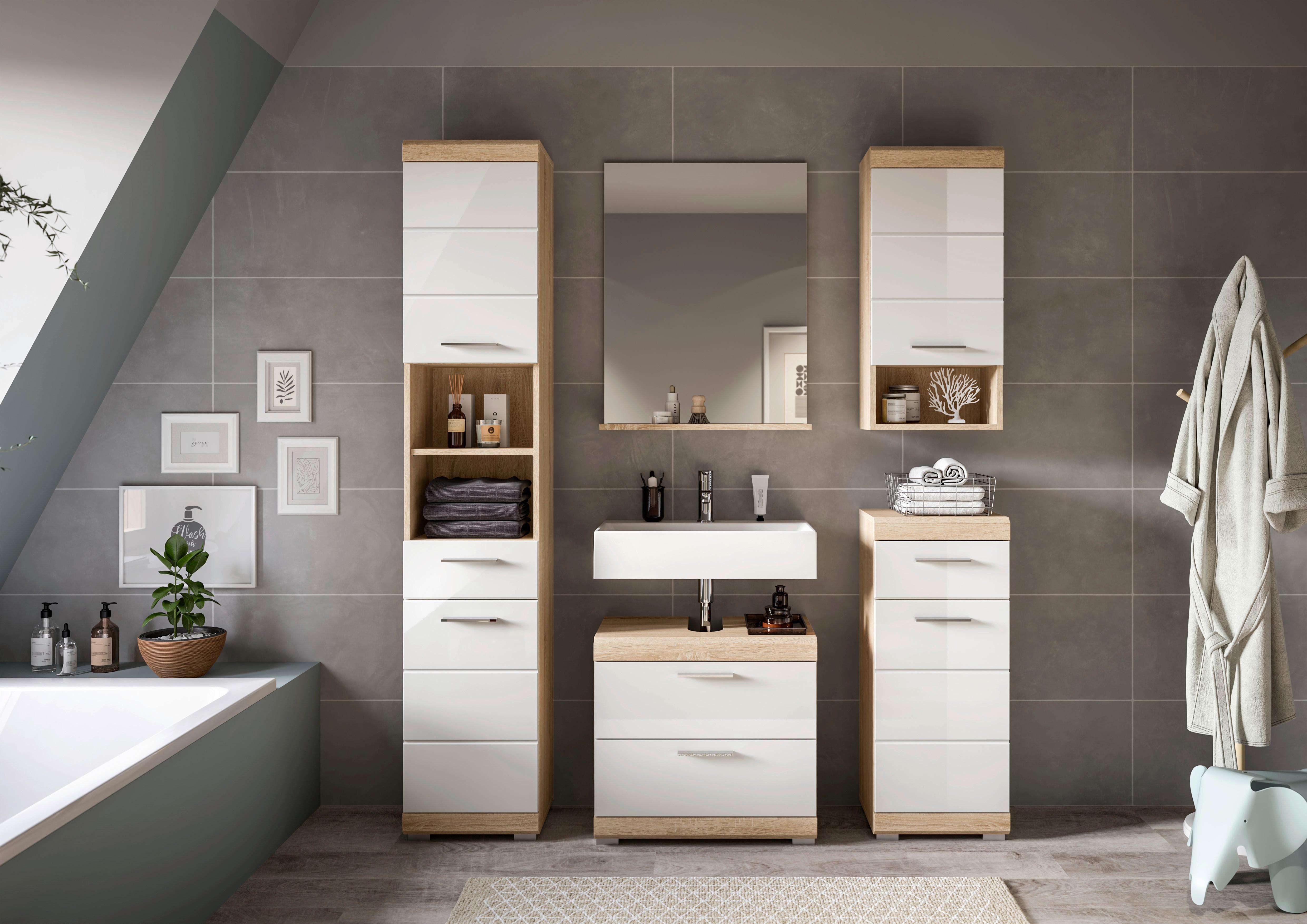Badezimmer Lambada Eiche Dekor/weiß B: 134 Cm - Weiß Hochglanz/Silberfarben, MODERN, Glas/Holzwerkstoff (134cm) - MID.YOU