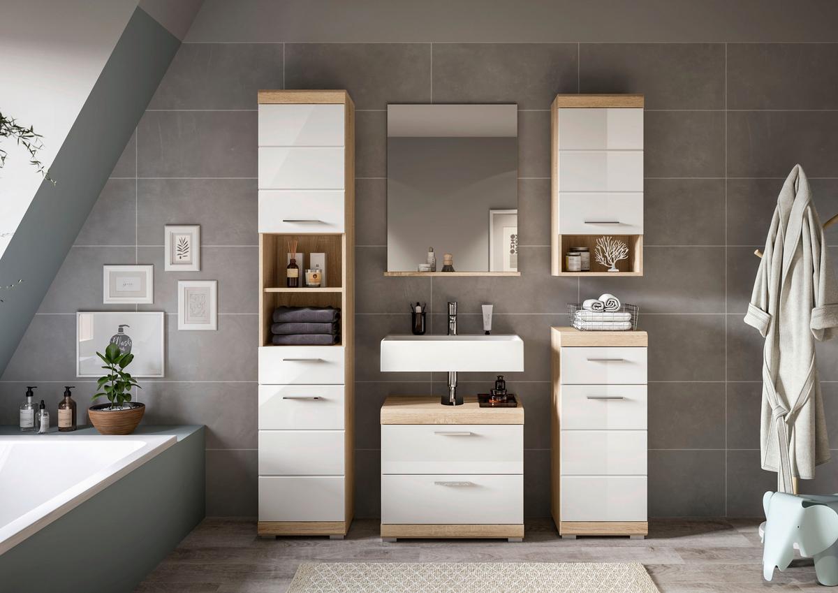 Badezimmer Lambada Eiche Dekor/weiß B: 134 Cm - Weiß Hochglanz/Silberfarben, MODERN, Glas/Holzwerkstoff (134cm) - MID.YOU