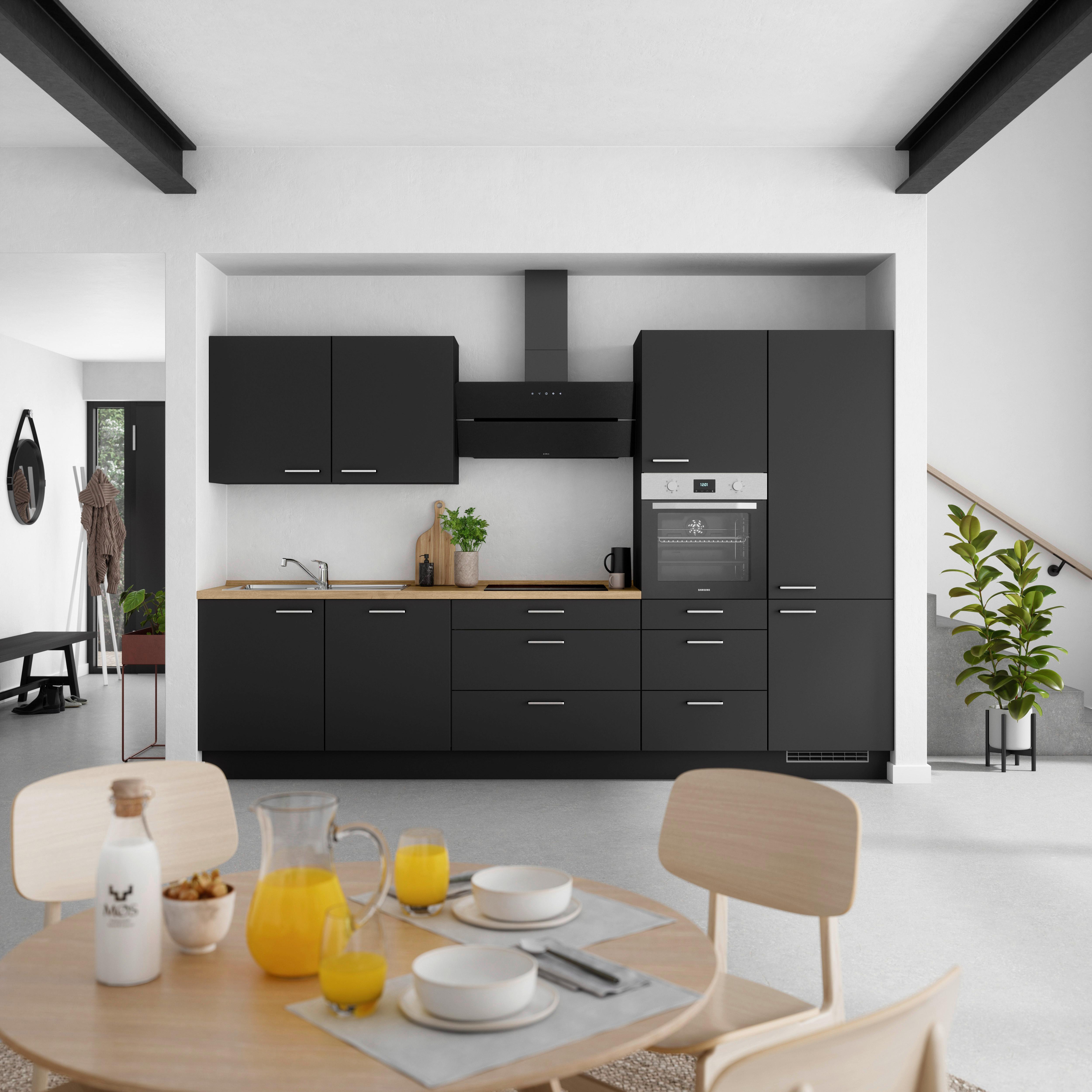 Kuchyňská linka 330 cm, černá matná/ barva dub - černá/barvy dubu, Moderní, kov/kompozitní dřevo (330cm) - Nobilia
