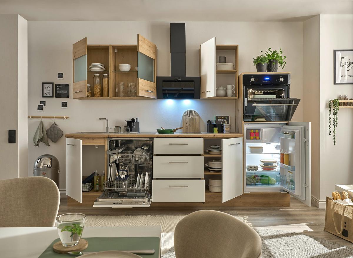 Küchenblock Capri Weiß/eiche Dekor B: 280 Cm - Weiß/Eiche Artisan, Basics, Glas/Holzwerkstoff (280cm) - MID.YOU