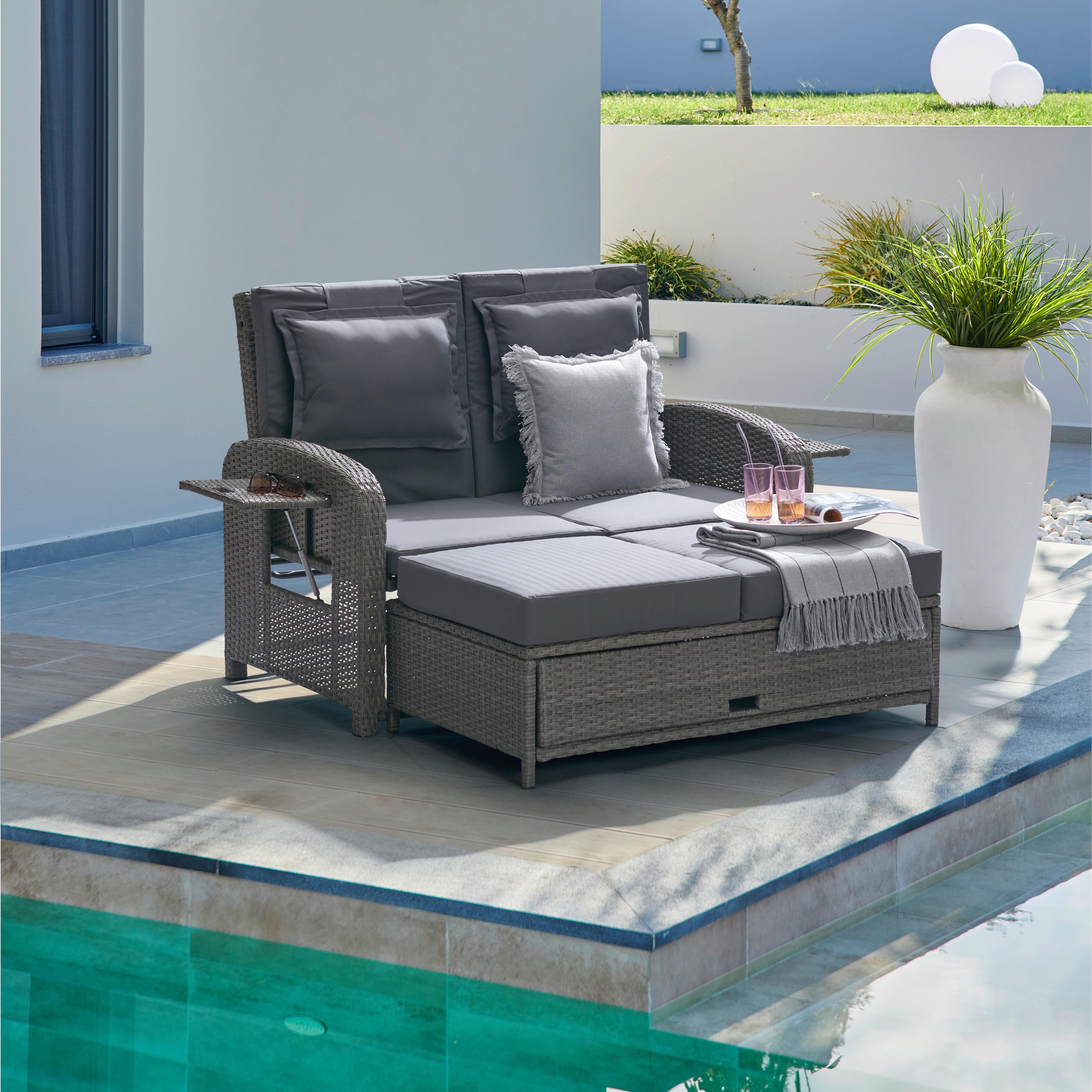 Loungesofa Havanna Kunststoffgeflecht Mit Kissen - Braun/Grau, MODERN, Kunststoff/Textil (126/110/95/30,5/82/64cm) - Beldano