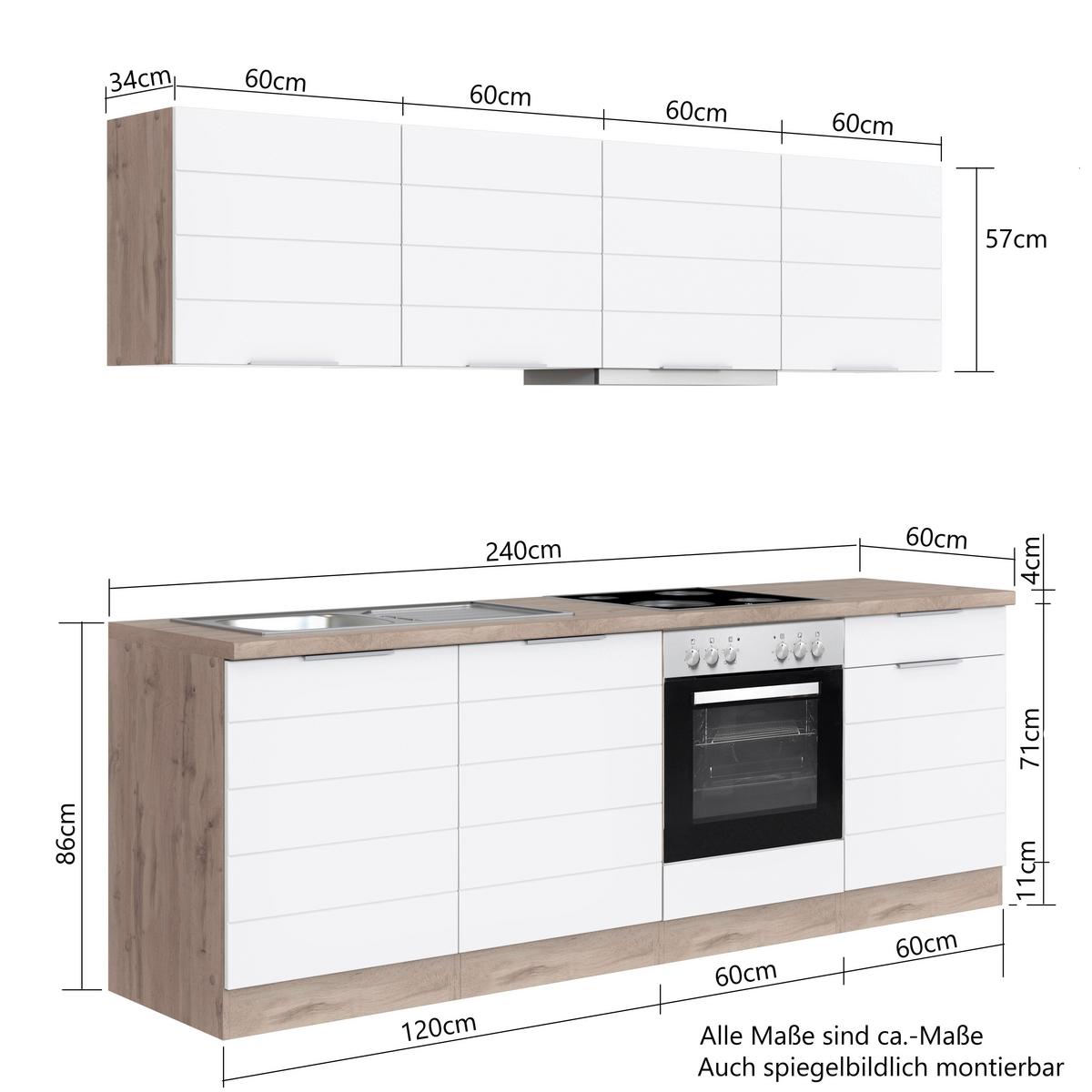Küchenzeile Florenz Mit Geräten 240cm Grau/eichef. - Eiche Wotan/Weiß, Design, Holzwerkstoff (240cm) - Held