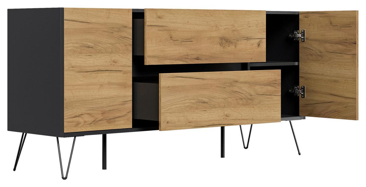 Sideboard Posseik Industrial Graphitfarben/Eiche B: 155 cm - Eichefarben/Schwarz, Design, Holzwerkstoff (155/75,8/42cm) - P & B