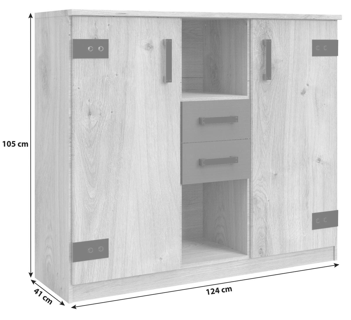 Kommode M. Soft-close 124cm Liverpool, Eiche Dekor/graphit - Eichefarben/Graphitfarben, Design, Holzwerkstoff (124/105/41cm) - MID.YOU