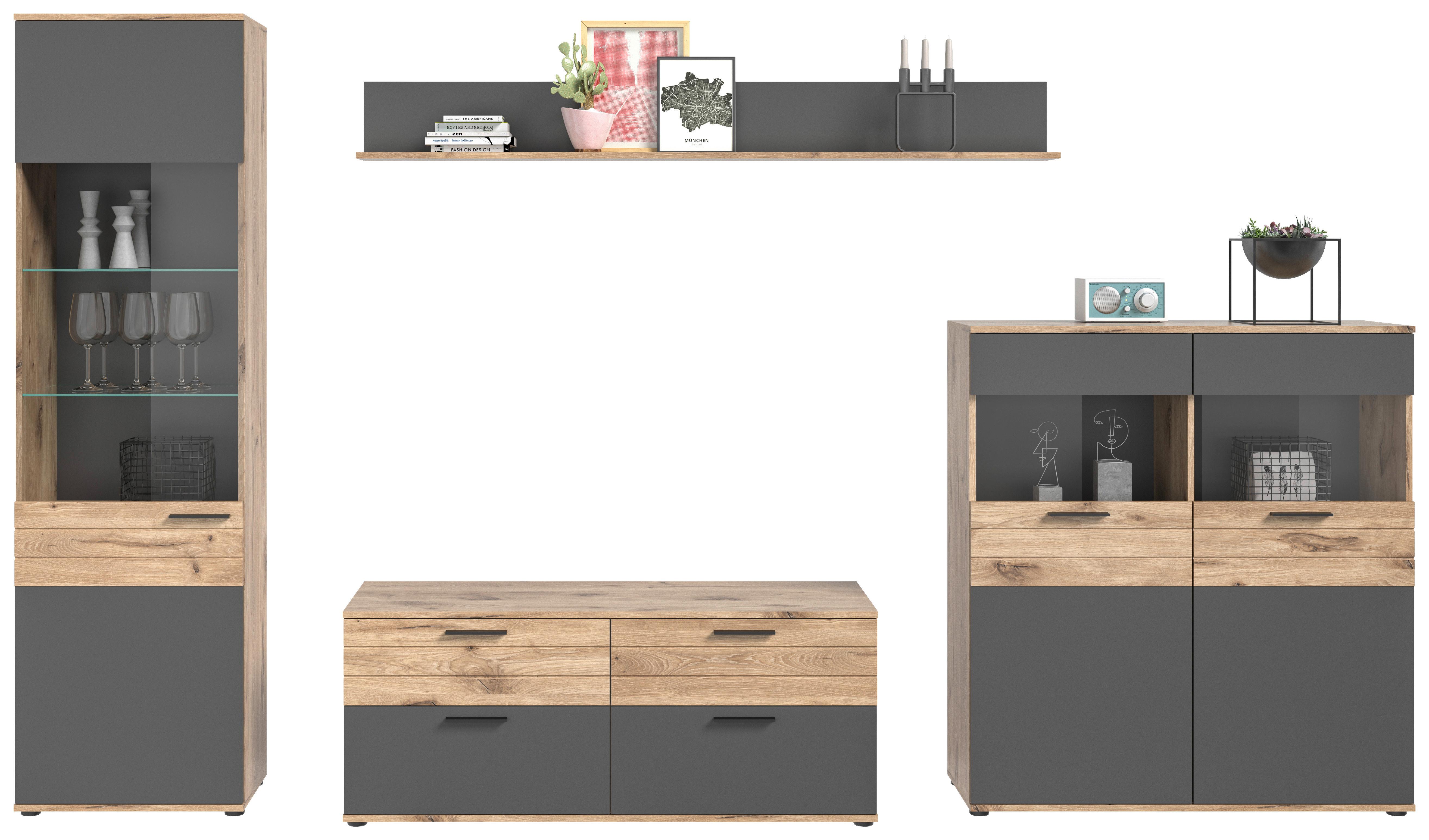 Wohnwand Mason Grau B: 327 cm - Grau, KONVENTIONELL, Glas/Holzwerkstoff (327/200/44cm) - MID.YOU