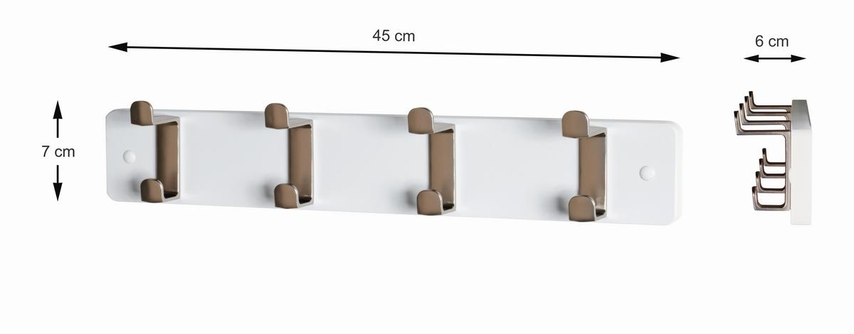 Lišta s háčikmi Freddy 4, biela - biela/farba ušľachtilej ocele, Konventionell, kov/kompozitné drevo (45/7/6cm) - Mömax