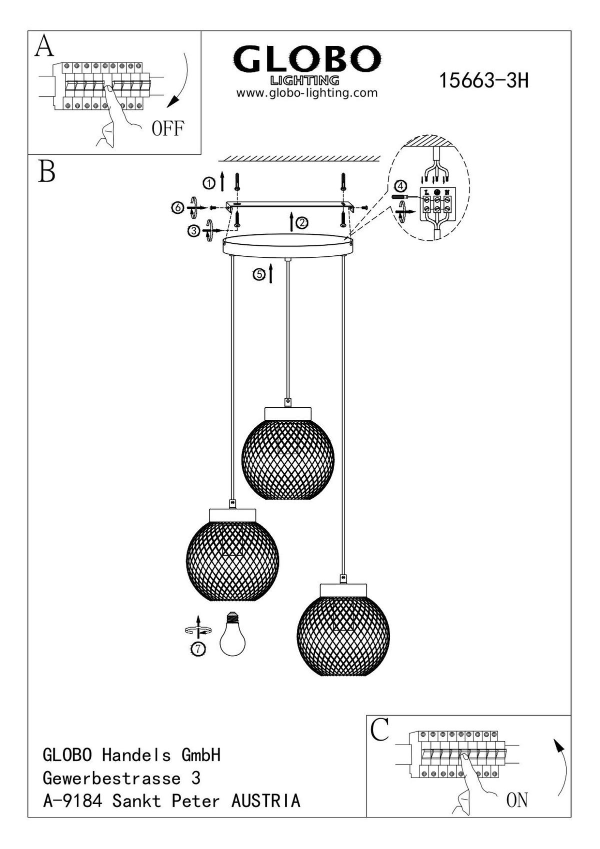 Hängeleuchte Vision H: 120 cm 3-Flammig mit Holz/ Metall - Schwarz/Braun, Basics, Holz/Metall (44/120cm) - Globo