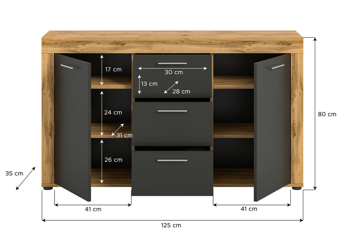 Sideboard Jam Eiche Dekor B: 125 Cm - Eiche Wotan, Design, Holzwerkstoff (125/80/35cm) - MID.YOU
